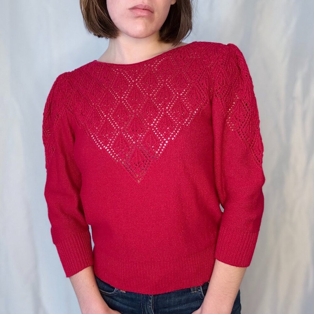 Vintage Red Knit Sweater with Subtle Puff Sleeves